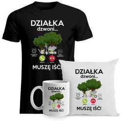 Komplet dla działkowca - Działka dzwoni - Koszulka, kubek i poduszka z nadrukiem