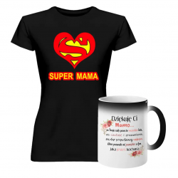 Komplet dla mamy - Super mama + Dziękuję Ci Mamo - koszulka i kubek na prezent dla mamy