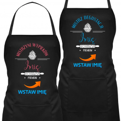 Komplet dla pary - Mistrzyni wypieków (imię) / Mistrz degustacji (imię) - fartuchy na prezent - produkt spersonalizowany