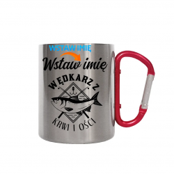 (Imię) wędkarz z krwi i ości - kubek metalowy z karabińczykiem na prezent dla wędkarza - produkt personalizowany