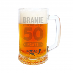 Branie zaczyna się po 50 + imię - kufel z grawerem na prezent - produkt personalizowany