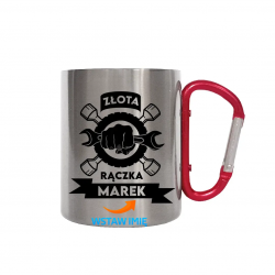Złota rączka (imię) - kubek metalowy z karabińczykiem na prezent dla mechanika - produkt personalizowany
