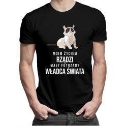 Moim życiem rządzi mały futrzany władca świata - męska koszulka z nadrukiem